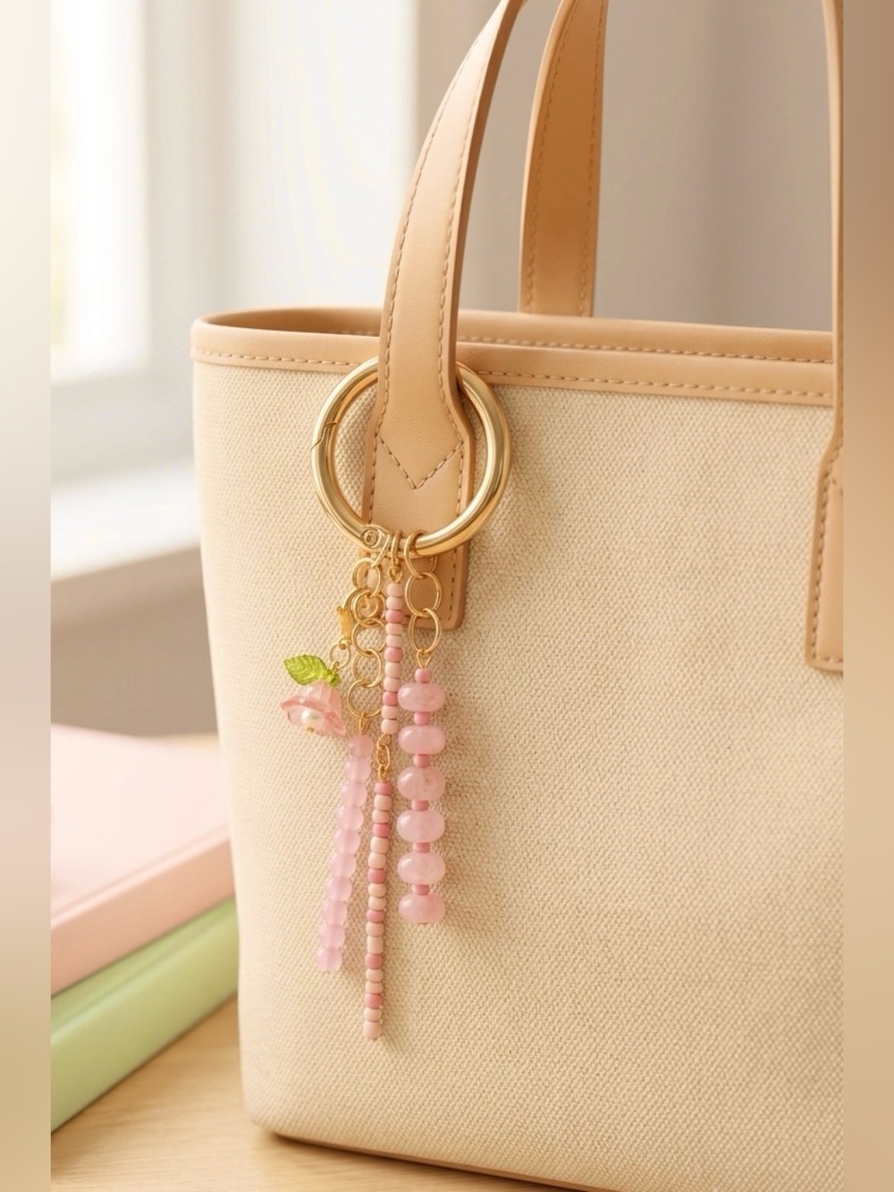 Pink & Gold Tone Hand Crafted Beaded Bag Charm Keychain with Flower Charm